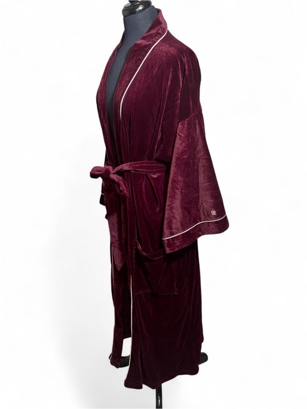 Pierre Cardin Burgundy Velvet Kimono Robe with Contrast Piping
